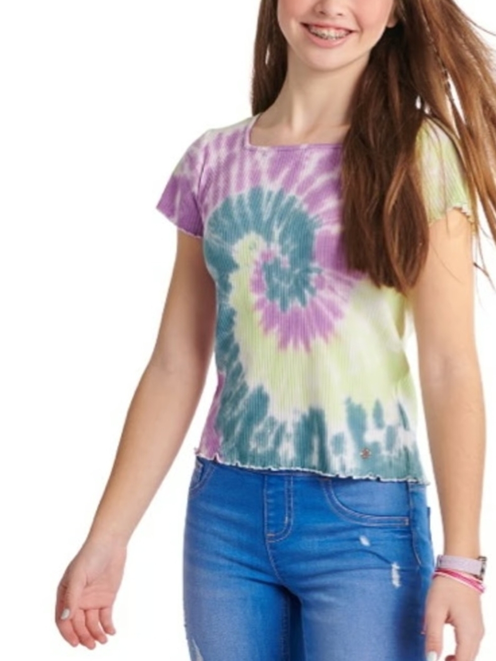 *NWT* Justice Ribbed Tie-Dye Tee in Purple, White & Lime Trim